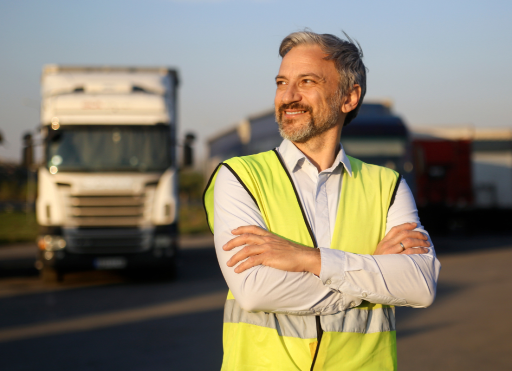 Pracownik firmy transportowej na tle ciężarówki.