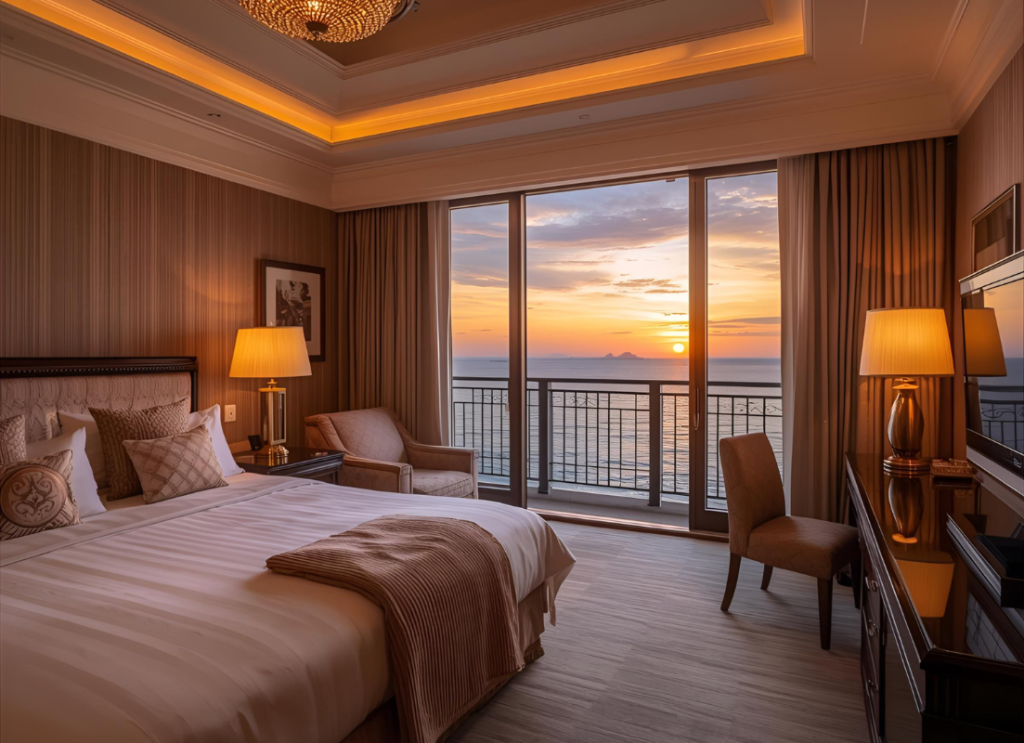 Apartament hotelowy premium z tarasem i widokiem na ocean o zachodzie słońca.