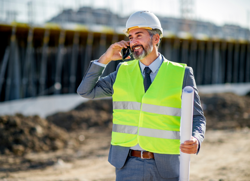 Kierownik budowy rozmawiający przez telefon.